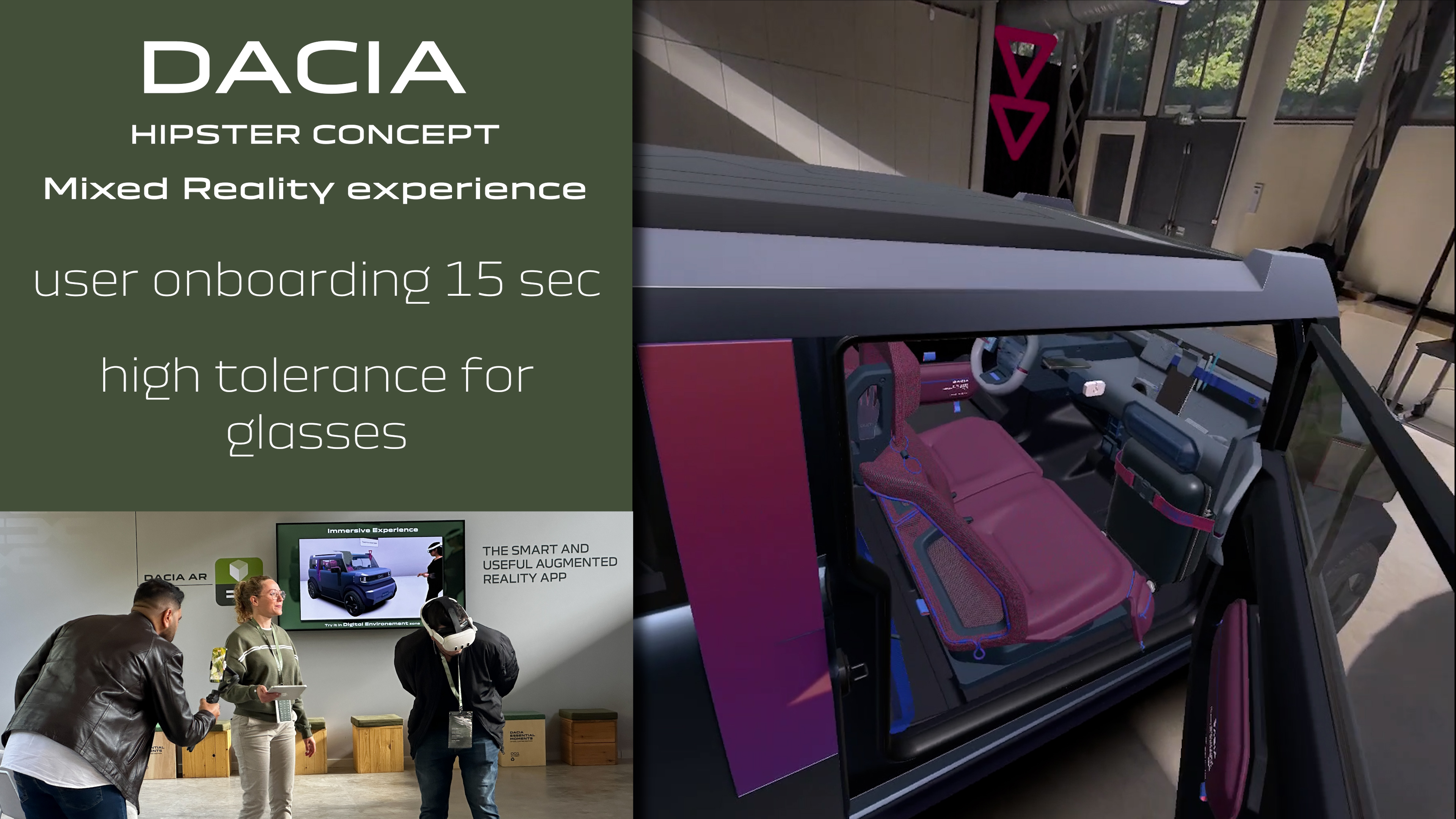 Montage : à gauche, le titre « Dacia Hipster Concept — Mixed Reality experience » et une photo de l’espace de démonstration ; à droite, la capture prise depuis le casque, où l’habitacle rose et gris du concept-car s’incruste dans la pièce réelle.