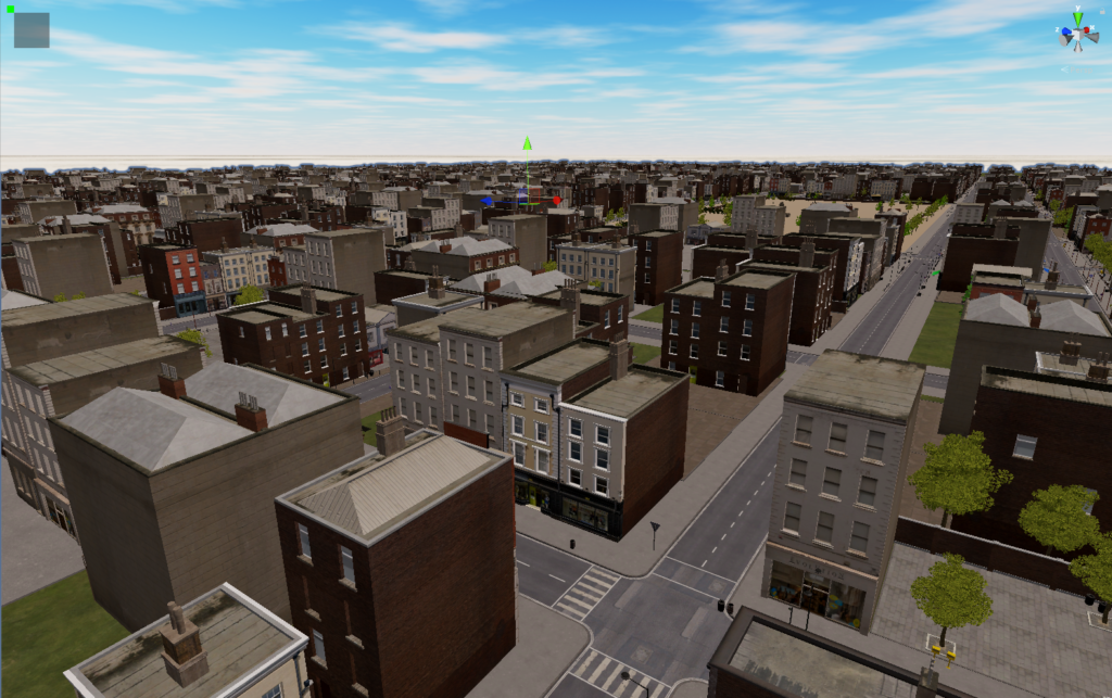 Vue aérienne d'une ville virtuelle générée par assemblage de tuiles : immeubles de brique, rues, passages piétons et arbres à perte de vue.