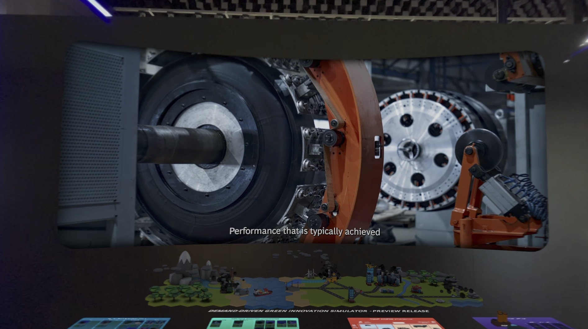 Vue depuis le casque : un grand écran vidéo flottant montre une machine de production de pneumatiques ; au-dessous, le plateau 3D du simulateur d’innovation et une rangée de cartes de décision colorées.